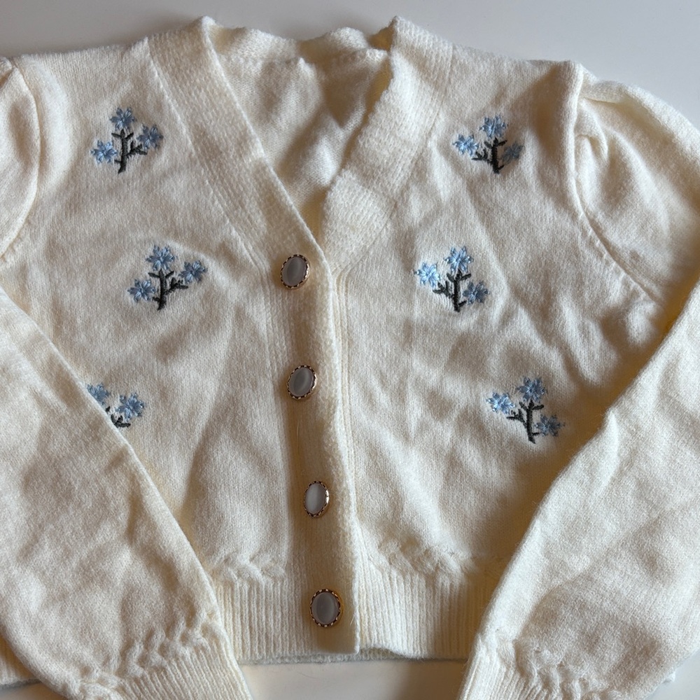 Embroidered Cream Cardigan Sweater